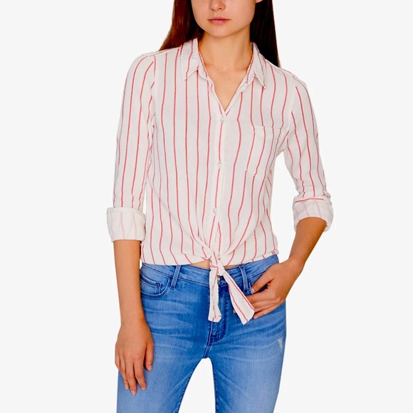 Sanctuary Tops - Sanctuary cotton gauze shirt, red & white stripe, L